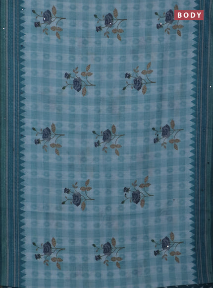 Kota linen saree blue shade and peacock green with allover ikat prints and prints & mirror work border