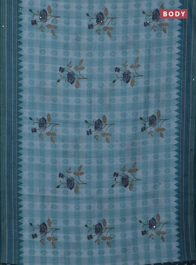 Kota linen saree blue shade and peacock green with allover ikat prints and prints & mirror work border