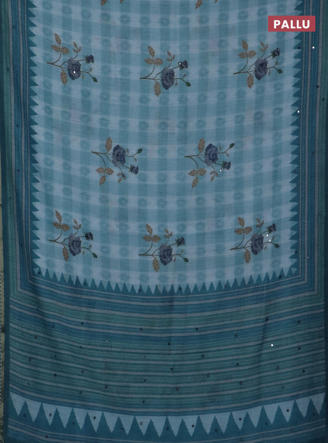 Kota linen saree blue shade and peacock green with allover ikat prints and prints & mirror work border