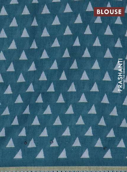 Kota linen saree blue shade and peacock green with allover ikat prints and prints & mirror work border