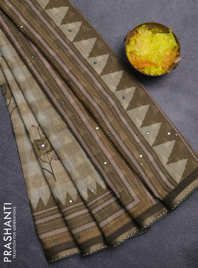 Kota linen saree green shade with allover ikat prints and prints & mirror work border