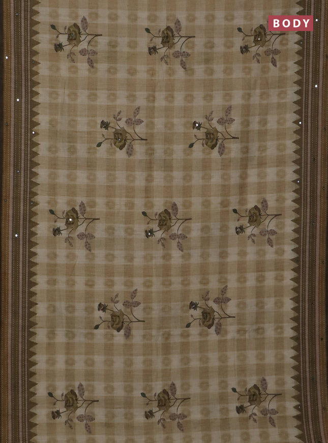 Kota linen saree green shade with allover ikat prints and prints & mirror work border