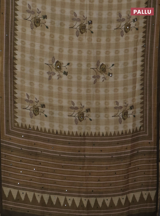 Kota linen saree green shade with allover ikat prints and prints & mirror work border