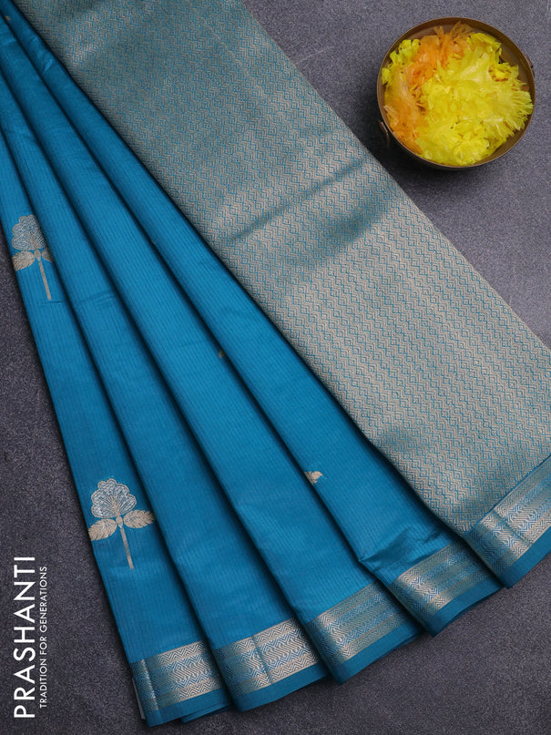 Semi raw silk saree teal blue with zari woven buttas and zari woven border
