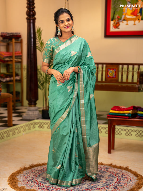 Semi raw silk saree teal green with zari woven buttas and zari woven border