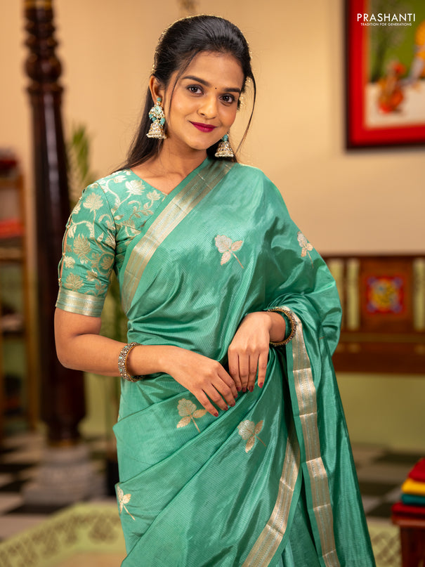 Semi raw silk saree teal green with zari woven buttas and zari woven border