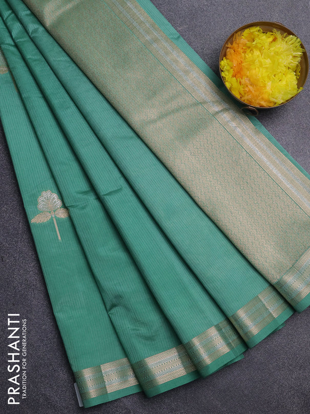 Semi raw silk saree teal green with zari woven buttas and zari woven border