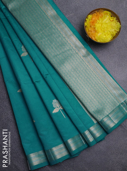 Semi raw silk saree teal green with zari woven buttas and zari woven border