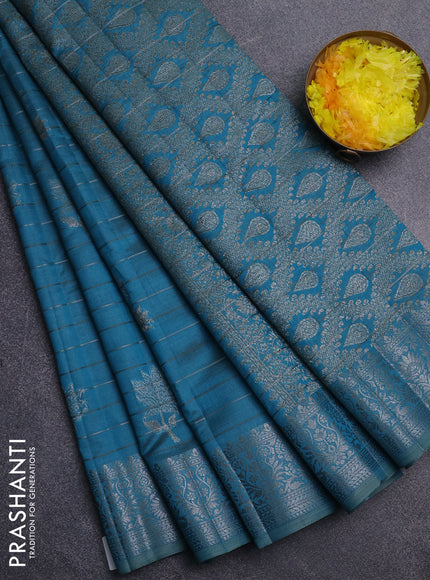 Semi raw silk saree cs blue with allover thread &zari weaves & buttas and silver zari woven border