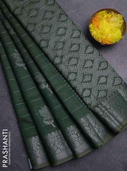 Semi raw silk saree green with allover thread &zari weaves & buttas and silver zari woven border