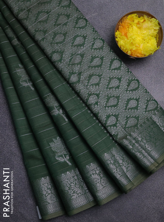 Semi raw silk saree green with allover thread &zari weaves & buttas and silver zari woven border