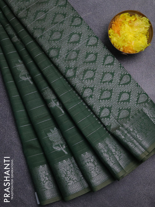 Semi raw silk saree green with allover thread &zari weaves & buttas and silver zari woven border