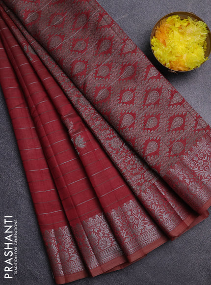 Semi raw silk saree maroon with allover thread &zari weaves & buttas and silver zari woven border