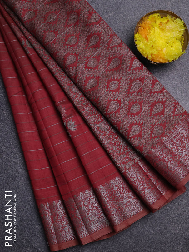 Semi raw silk saree maroon with allover thread &zari weaves & buttas and silver zari woven border