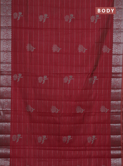 Semi raw silk saree maroon with allover thread &zari weaves & buttas and silver zari woven border
