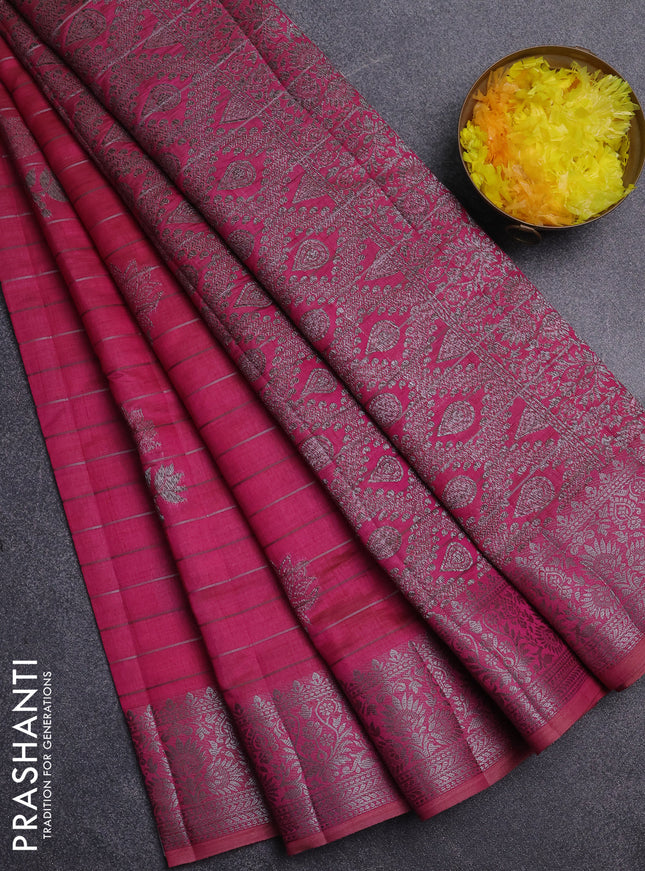 Semi raw silk saree wine shade with allover thread &zari weaves & buttas and silver zari woven border