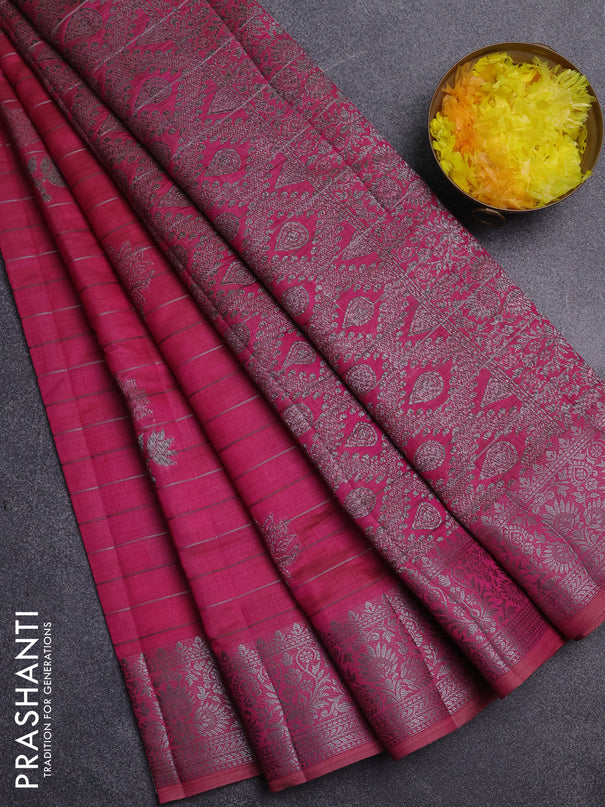 Semi raw silk saree wine shade with allover thread &zari weaves & buttas and silver zari woven border