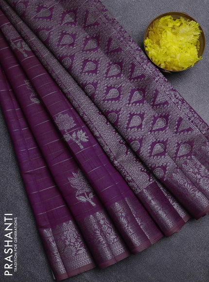 Semi raw silk saree purple with allover thread &zari weaves & buttas and silver zari woven border