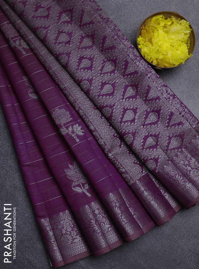 Semi raw silk saree purple with allover thread &zari weaves & buttas and silver zari woven border
