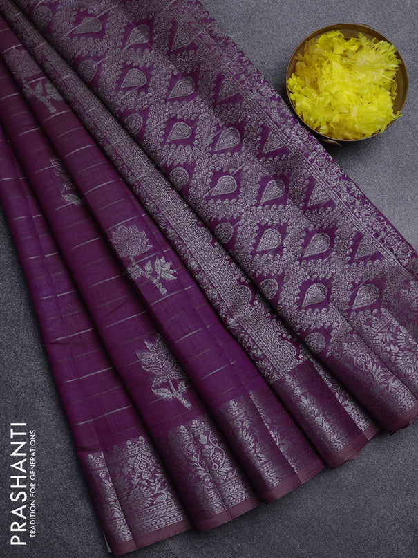 Semi raw silk saree purple with allover thread &zari weaves & buttas and silver zari woven border