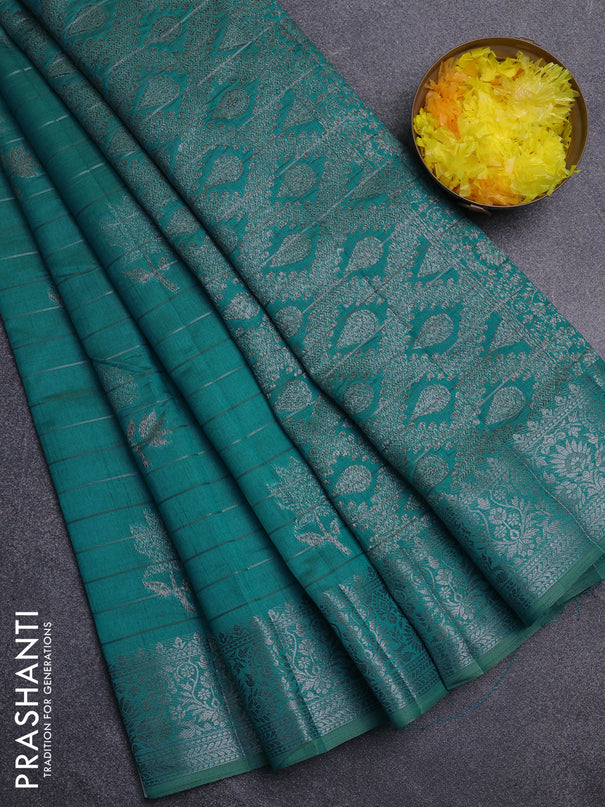Semi raw silk saree teal blue with allover thread &zari weaves & buttas and silver zari woven border