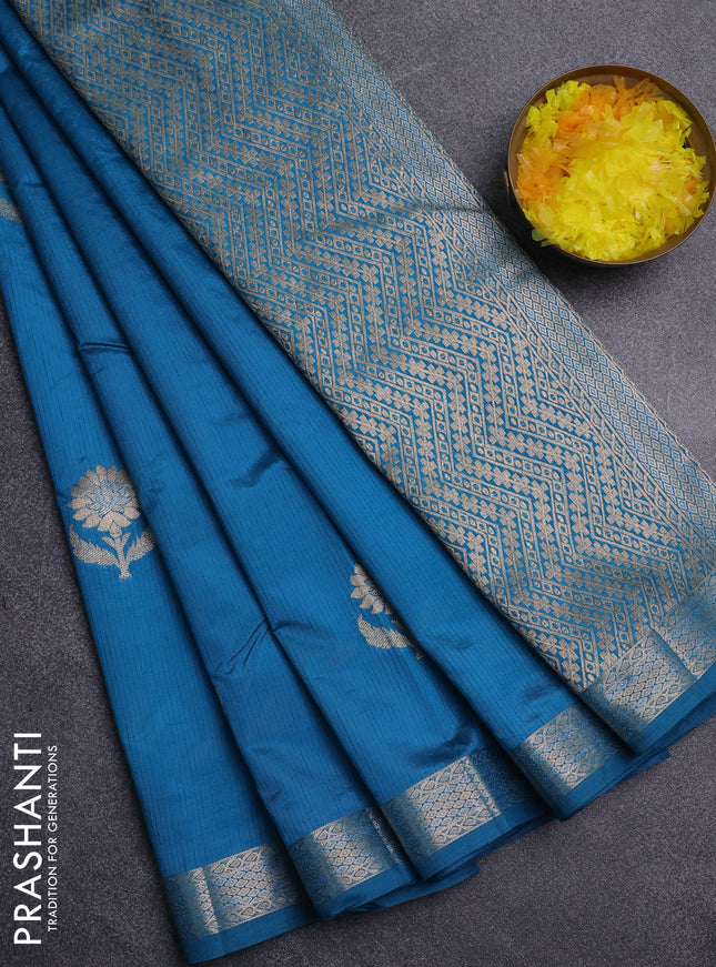Semi raw silk saree cs blue with zari woven buttas and zari woven border