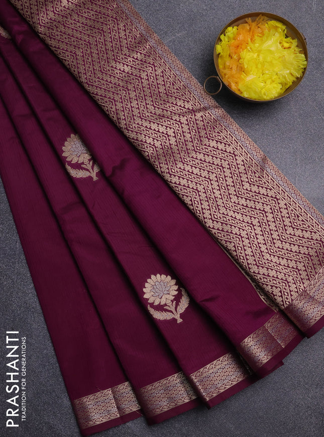 Semi raw silk saree deep purple with zari woven buttas and zari woven border