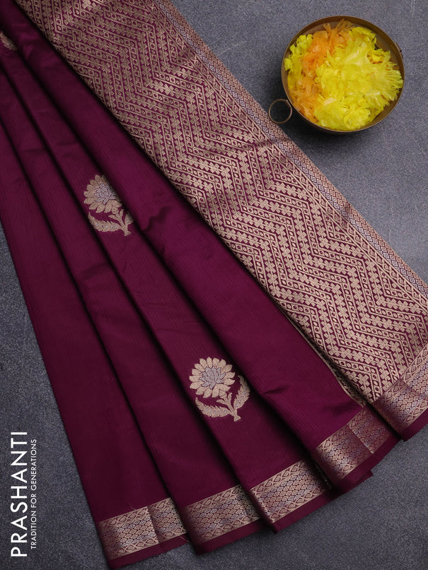 Semi raw silk saree deep purple with zari woven buttas and zari woven border