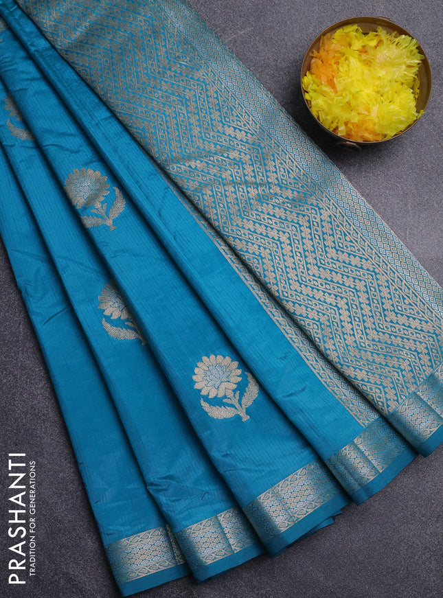 Semi raw silk saree cs blue with zari woven buttas and zari woven border