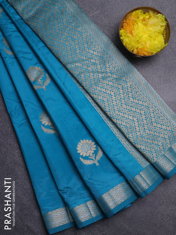Semi raw silk saree cs blue with zari woven buttas and zari woven border