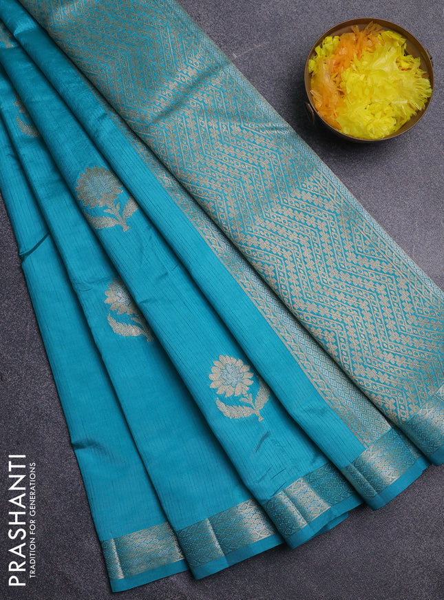 Semi raw silk saree cs blue with zari woven buttas and zari woven border