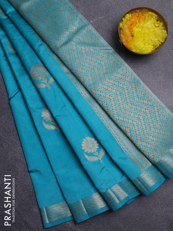 Semi raw silk saree cs blue with zari woven buttas and zari woven border