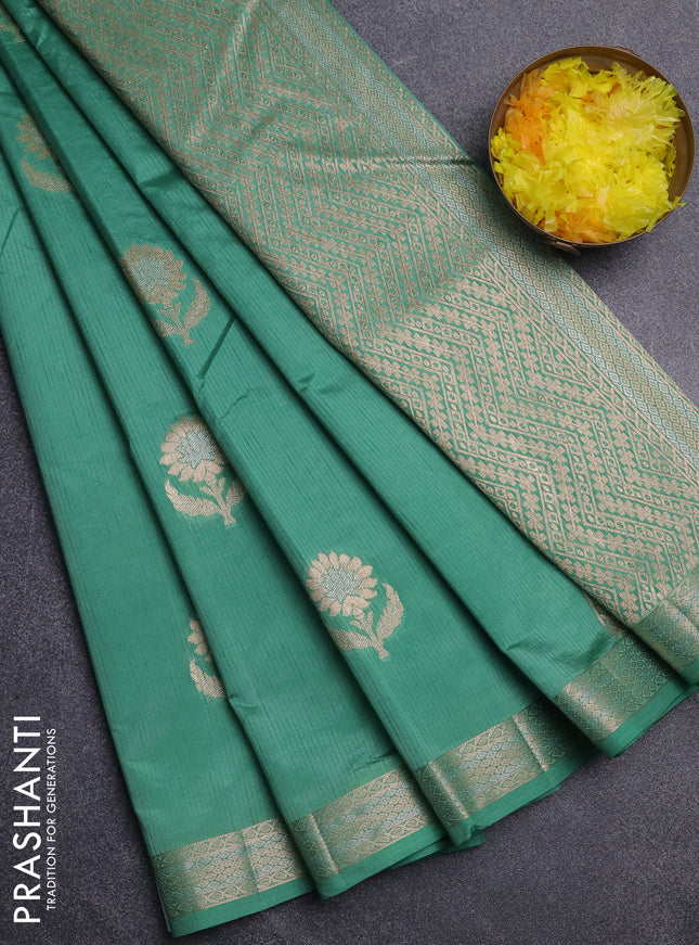 Semi raw silk saree teal green with zari woven buttas and zari woven border