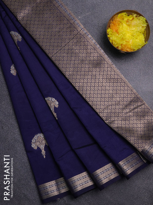 Semi raw silk saree navy blue with zari woven buttas and zari woven border