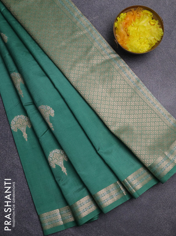 Semi raw silk saree teal green with zari woven buttas and zari woven border