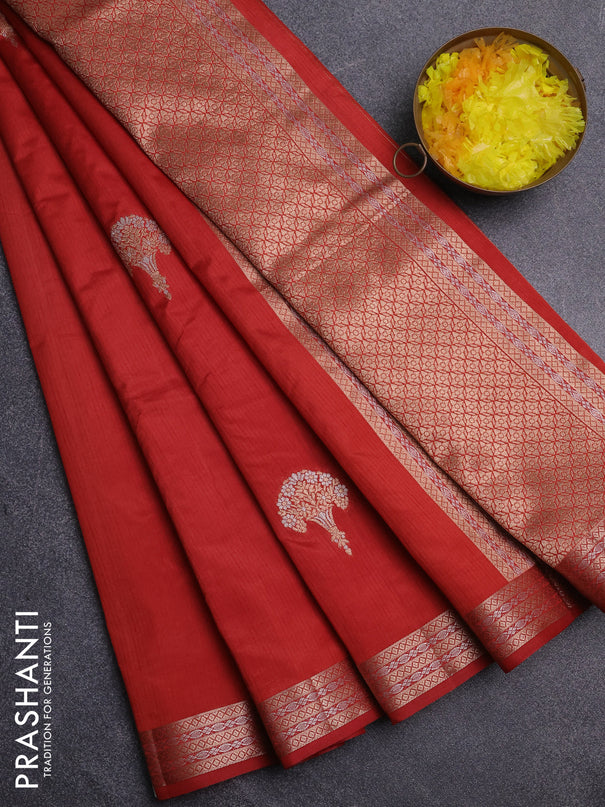 Semi raw silk saree rust shade with zari woven buttas and zari woven border