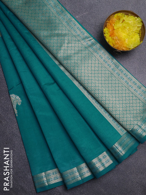 Semi raw silk saree teal green with zari woven buttas and zari woven border