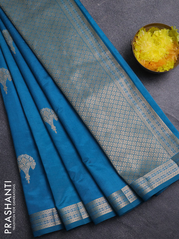 Semi raw silk saree cs blue with zari woven buttas and zari woven border