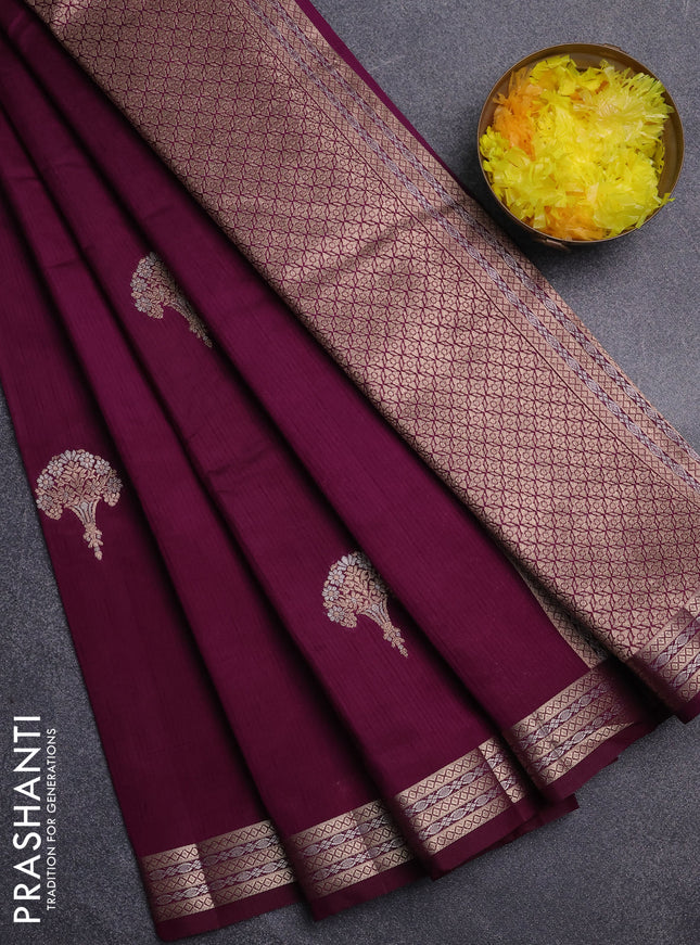 Semi raw silk saree deep purple with zari woven buttas and zari woven border