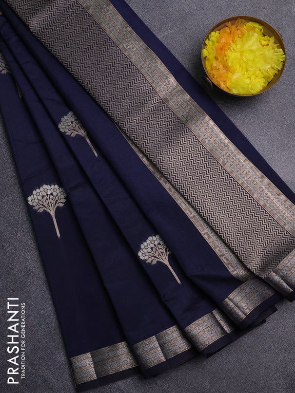 Semi raw silk saree navy blue with zari woven buttas and zari woven border