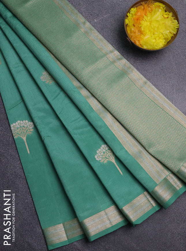 Semi raw silk saree teal green with zari woven buttas and zari woven border