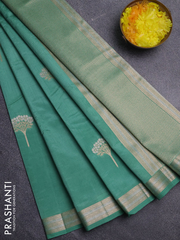Semi raw silk saree teal green with zari woven buttas and zari woven border