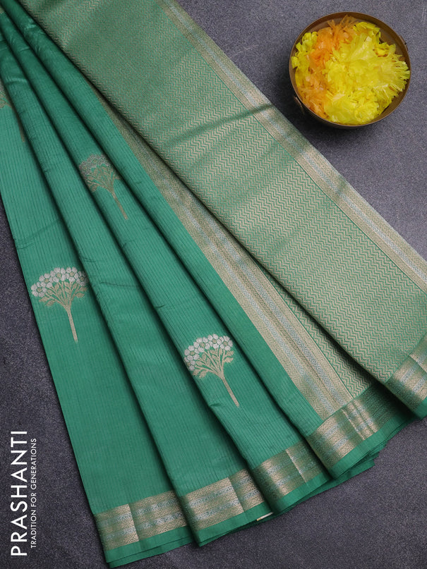 Semi raw silk saree teal green with zari woven buttas and zari woven border