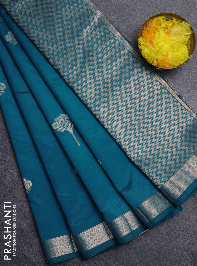 Semi raw silk saree cs blue with zari woven buttas and zari woven border