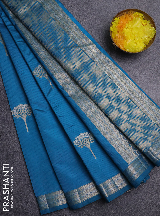 Semi raw silk saree cs blue with zari woven buttas and zari woven border
