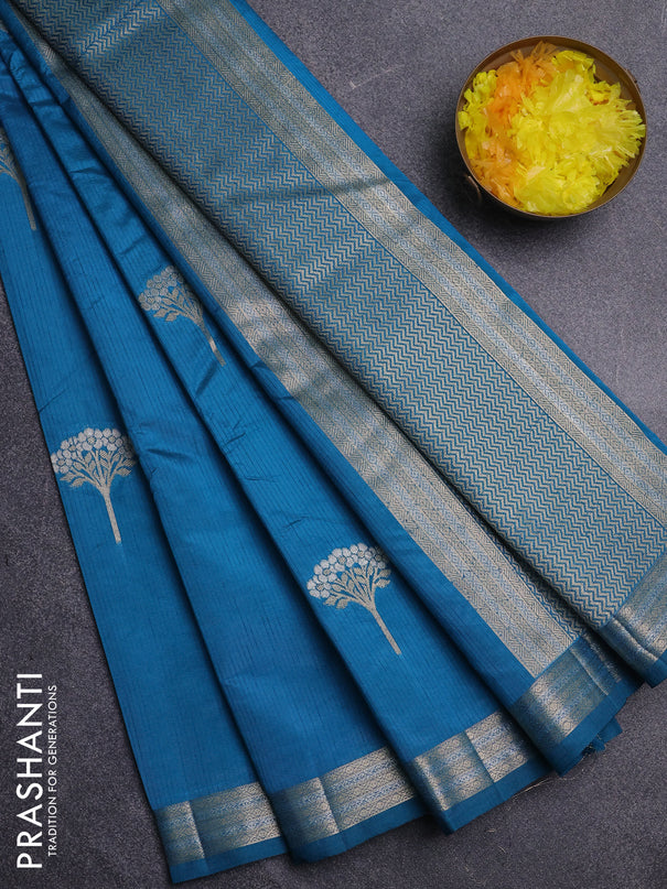 Semi raw silk saree cs blue with zari woven buttas and zari woven border