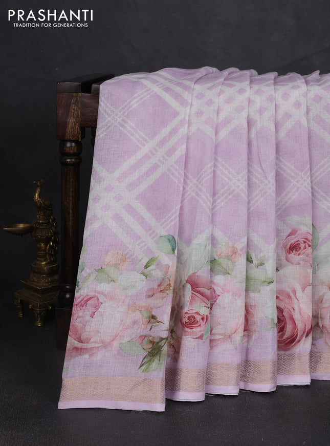 Pure linen silk saree lavender with allover geometric prints and zari woven border
