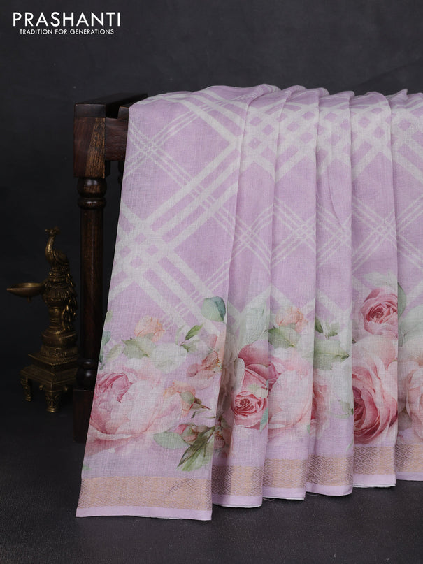 Pure linen saree lavender with allover geometric prints and zari woven border
