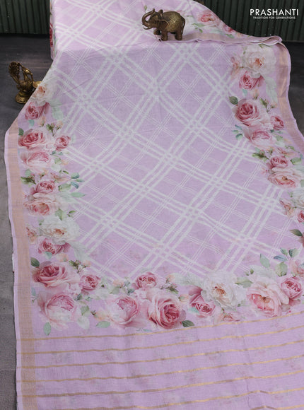Pure linen silk saree lavender with allover geometric prints and zari woven border