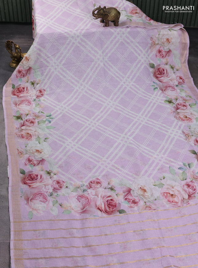 Pure linen silk saree lavender with allover geometric prints and zari woven border